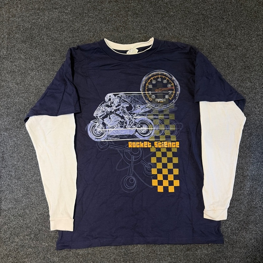 Soft Spun Kids XL Rocket Science Motorcycle Graphic Layered Long Sleeve Shirt